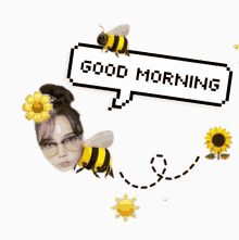 a speech bubble that says good morning with a picture of a woman and bees