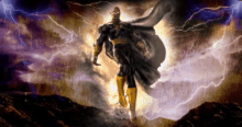 a superhero with a cape is standing in front of a storm