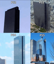 four images of tall buildings with the words ps2 ps3 ps4 ps5