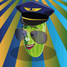 a cartoon illustration of a pickle wearing a pilot hat and sunglasses