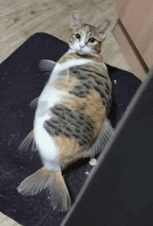 a cat that looks like a fish laying on a rug .