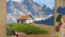 a painting of a house in the mountains is being made by animatica