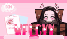 a cartoon girl is sitting in a box with the words " welcome " in pink letters