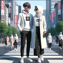 a man and a woman standing next to each other wearing matching outfits with the letter r and w on their shirts