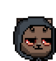 a pixel art drawing of a cat wearing a hood and red eyes