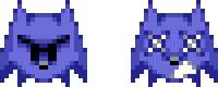 a pixel art drawing of a blue monster with a black face