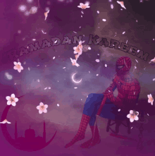 a spider-man sitting in a rocking chair with the words ramadan kareem written above him