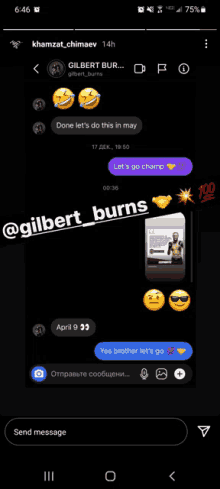 a screenshot of a text message between gilbert burns and khamzat_chimaev