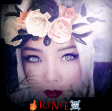 a picture of a woman with a flower crown on her head with the word rinex in the corner