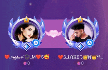 a man and a woman are standing next to each other with their names on the emblems