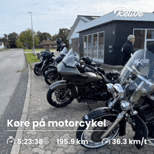 a group of motorcycles are parked in front of a building that says relive on it