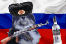 a dog wearing a russian hat is holding a gun and a bottle of vodka .