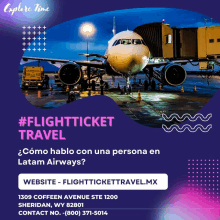 an advertisement for flight ticket travel with a picture of an airplane on the tarmac