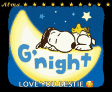 a cartoon of snoopy sleeping on a crescent moon with the words g ' night love you bestie