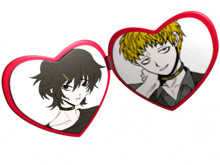 a couple of heart shaped mirrors with anime characters in them