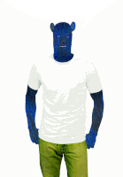 a man wearing a white shirt with a blue bear face