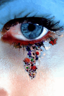 a close up of a person 's eye with flowers and butterflies on it