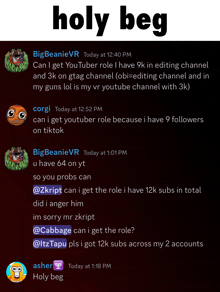 a screenshot of a conversation between big beanievr and corgi