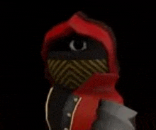 a person wearing a red hoodie and a scarf around their face .