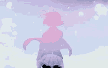 a girl with pink hair is standing in the snow with a purple background .