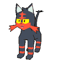 a pixel art drawing of a black cat with red stripes on its legs