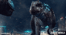 a poster for jurassic world shows two dinosaurs in a city