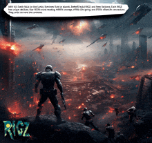 a poster for a video game called rigz shows a man standing on a rock