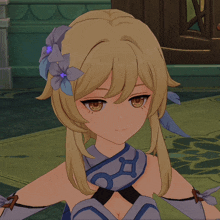 a close up of a girl 's face in a video game with a flower in her hair