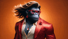 a gorilla is wearing a red suit and sunglasses