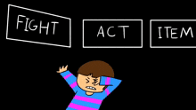 a cartoon drawing of a boy with the words fight act and item written in white boxes