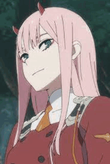 darling in the franxx zero two is a pink haired anime girl with horns .