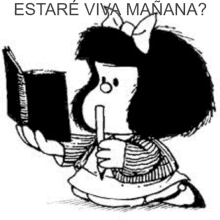 a black and white drawing of a girl holding a book and a pen with the words estare viva manana written below her