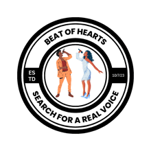 a logo for beat of hearts shows a man and a woman singing into microphones