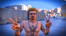 a shirtless man with a tattoo on his chest giving the peace sign