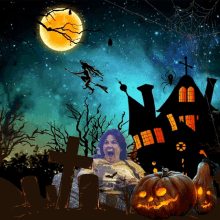 a woman is screaming in front of a haunted house and a witch on a broom