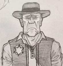 a drawing of a man wearing a cowboy hat and vest