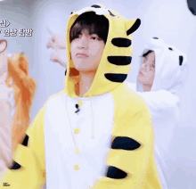 a person wearing a tiger costume is standing next to another person wearing a panda costume .