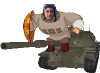 a cartoon of a man riding a tank with a shield