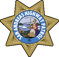 a badge for the san andreas highway patrol shows a woman holding a torch