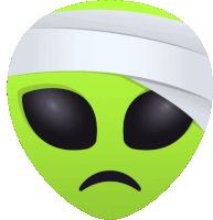 a green alien with a bandage on his head and a sad face