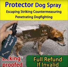 a person is holding a bottle of protector dog spray in front of a dog