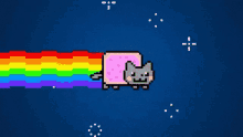 a pixel art drawing of a cat with a rainbow coming out of its mouth