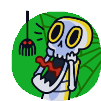 a cartoon drawing of a skeleton with a fork in his hand