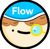 a cartoon character with a magnifying glass and the word flow on his hat