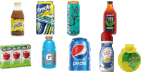 a variety of beverages including pepsi coffee mate and apple juice