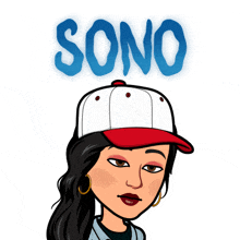 a cartoon woman wearing a baseball cap with the word sono above her head