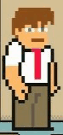 a pixel art of a man in a white shirt and red tie standing next to a wall .