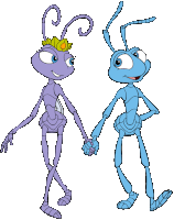 a couple of cartoon ants holding hands with one wearing a flower crown