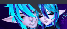 a couple of anime characters with blue hair and purple highlights