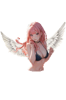 a girl with pink hair and white wings is wearing a black bra